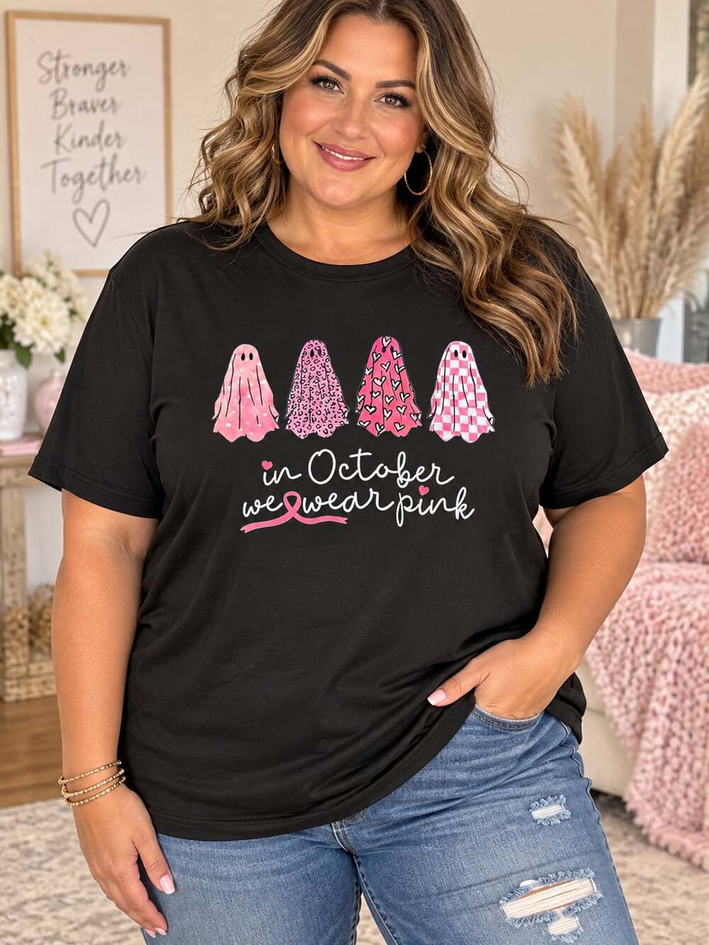 In October We Wear Pink Ghost T-Shirt Size 2XL Black Short Sleeve